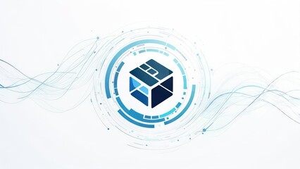 Abstract graphic design featuring a dark-blue cube, encircled by concentric light-blue rings and lines, on a white background