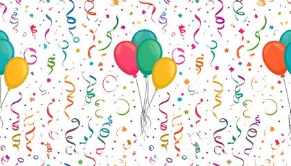 Festive confetti and balloons, bright colors against a white background