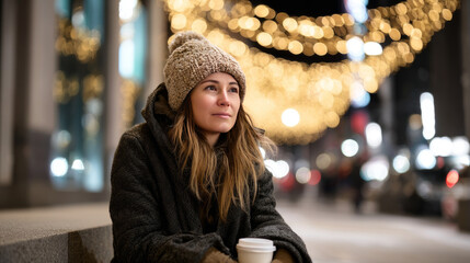 A homeless woman in a woolen hat, sitting on a curb with a coffee cup in hand, looking at the bright holiday lights along the street. As a result of winter's cold, harshness, warmth, holidays merge