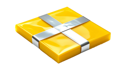 Stack of yellow squares secured with a silver band, on a black background