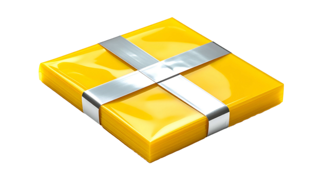 Stack of yellow squares secured with a silver band, on a black background