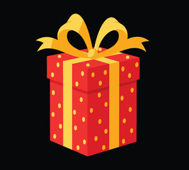 Vector art of a vibrant red gift box with yellow polka dots and a matching yellow ribbon, presented against a stark, creating a striking contrast and highlighting the festive present