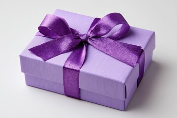 Obraz premium Gift box. One violet colored present box tied purple satin ribbon and bow. Joy, anticipation of receiving presents. Single 3D Giftbox neat isolated white backdrop. Distinctive festive Christmas gift