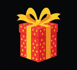 Vector art of a vibrant red gift box with yellow polka dots and a matching yellow ribbon, presented against a stark, creating a striking contrast and highlighting the festive present