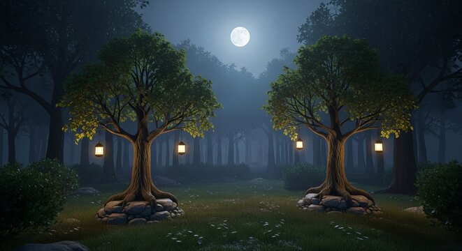 Enchanted forest clearing with moonlit trees and lanterns - Powered by Adobe
