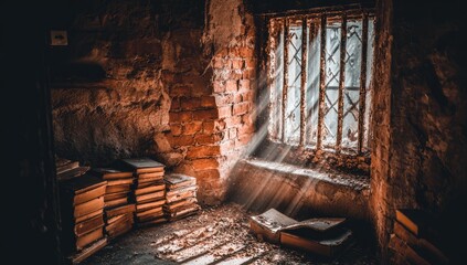 Obraz premium Dusty old books stack in a dark, abandoned room with light beams.