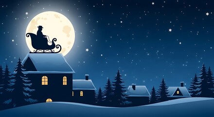 Fototapeta premium Santas silhouette flying over snowy houses on christmas night with full moon