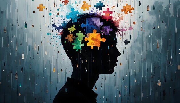 Silhouette of Man with Colorful Jigsaw Pieces and Rain, Representing Mental Health Struggle and Hope