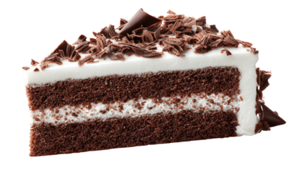 Chocolate cake slice, a close-up view of a piece of rich dark chocolate cake.  A white frosting layer separates the moist dark chocolate cake layers.  Topped with generous chocolate shavings