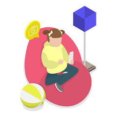 3D Isometric Flat  Illustration of Children Gadget Addiction. Item 2