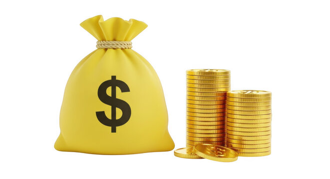 A yellow money bag with a dollar sign and stacks of gold coins on a black background