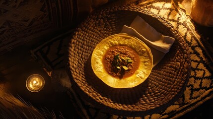 Ethiopian Injera with lentil stew presented in a woven basket