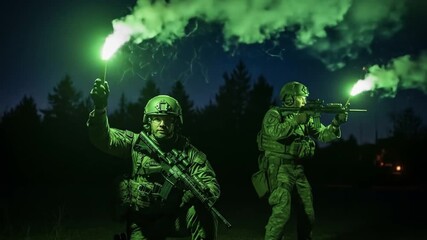 Military personnel in camouflage, night tactical training with green flares - Powered by Adobe