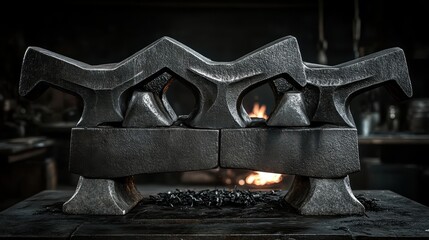 Close up view of a weathered anvil with a bright fire inside