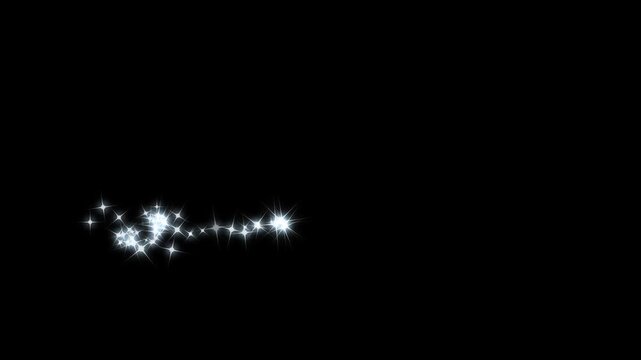 Magic sparkles glitter line stars, glitter light line sparkle tail moving left side exit right side effect, white glowing stars sparkle, particle line move light effect on black screen background. 4K