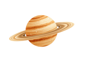 A stylized illustration of Saturn.  A round, tan planet with distinct rings.  Light tan/gold highlights on the planet's surface.  Dark background
