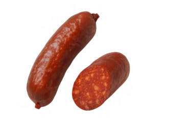 Cured pork sausage, a ready-to-eat deli meat staple, showcasing its vibrant red color and rich texture