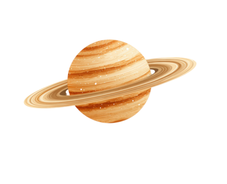 A stylized illustration of Saturn.  A round, tan planet with distinct rings.  Light tan/gold highlights on the planet's surface.  Dark background