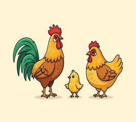 Vector art of cartoon chicken family featuring a rooster, hen, and chick, perfect for childrens illustrations, farmthemed designs, and educational materials