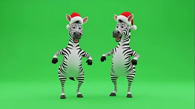 Cartoon Zebras in Santa Hats - Two cartoon zebras wearing Santa hats are standing against a green screen. The zebras appear to be in conversation, adding a playful and festive touch.