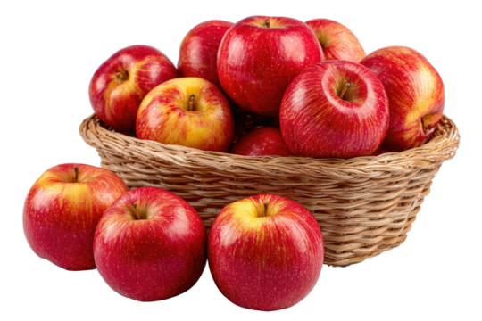 A wicker basket overflowing with vibrant red and yellow apples