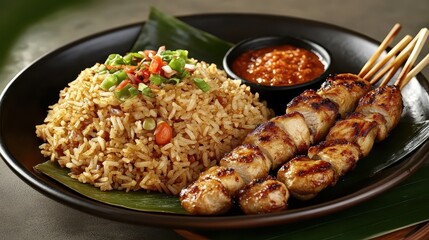 Fototapeta premium Delicious Indonesian Nasi Goreng Served with Chicken Satay