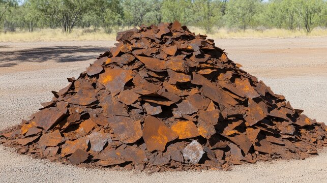 Pile of heavily rusted iron ore fragments in outdoor environment
