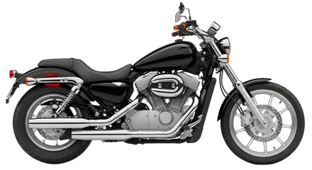 Obraz premium Side view of a black cruiser motorcycle on transparent background, png