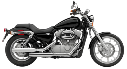 Side view of a black cruiser motorcycle on transparent background, png