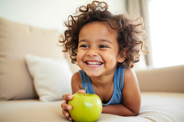 Fototapeta premium Happy young girl with curly hair smiles while holding a green apple