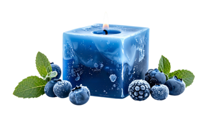 A glowing blue square candle with berries and leaves, set against a black background