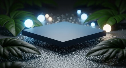 Mysterious glowing orb on a reflective surface surrounded by lush foliage