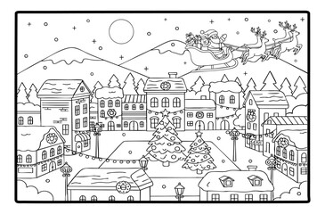Christmas landscape for painting cute Santa Claus flying on the sleigh through the city