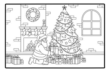 xmas Santa Claus decorating the Christmas tree coloring page  isolated on Transparent background