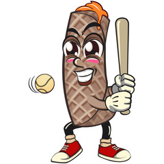 cute wafer roll mascot cartoon vector illustration of sweet snack dessert character isolated playing baseball ready to hit the ball with the bat, work of hand drawn
