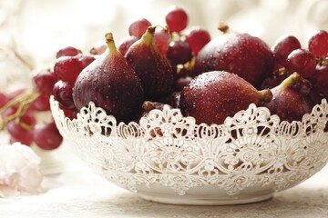 Ripe figs and red grapes fill a decorative bowl with water droplets.