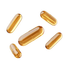 Golden omega 3 fish oil capsules isolated on a transparent white background, clipping path