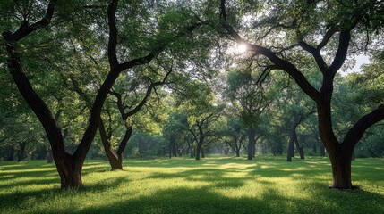 Obraz premium Sunlit trees casting shadows over a grassy park