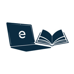 Dark blue laptop with open book and e symbol on screen computer
