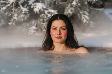 Obraz premium Serene winter hot spring with smiling woman surrounded by snow-dusted pine forest