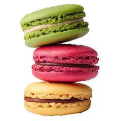 Three colorful macarons stacked vertically.  Each macaron displays a different pastel hue, including a light green, a vibrant pink-red, and a soft yellow-orange.  