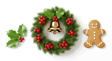 Festive Christmas wreath adorned with a golden bell, holly, berries, and a delightful gingerbread man cookie, perfect for spreading holiday cheer