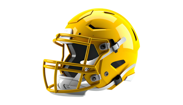 A golden football helmet, angled right, sits against a stark black background