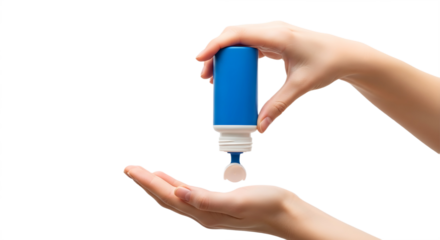 Hand dispensing liquid from blue bottle on transparent background, png