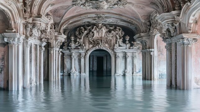 Submerged Architectural Hall with Detailed Stone Decorations - Powered by Adobe