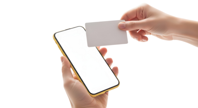 Hands holding phone and blank white card on transparent background, png