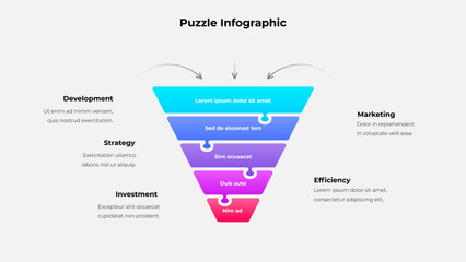Funnel infographic representing a layered business process from development to efficiency. Each stage resembles a puzzle piece, highlighting strategy, investment, marketing, and teamwork.