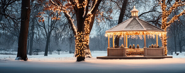 Winter wonderland christmas celebration snow-covered park gazebo seasonal festivities tranquil evening holiday spirit