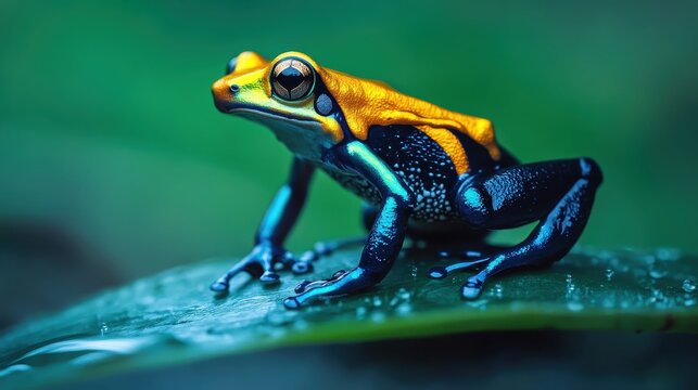 Golden Dart Frog Sitting on a Leaf with Vibrant Skin