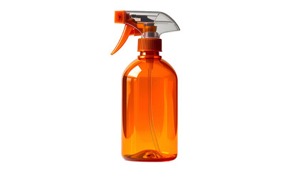 A transparent orange plastic spray bottle, against a black background, with trigger and nozzle